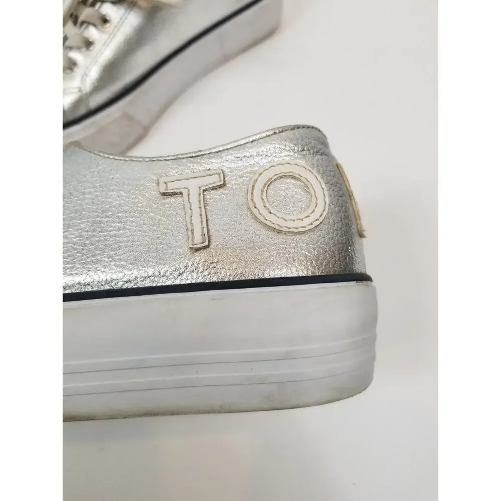 Tommy Hilfiger Helien Metallic Silver White Leather Lace Up Sneakers Women's 9.5